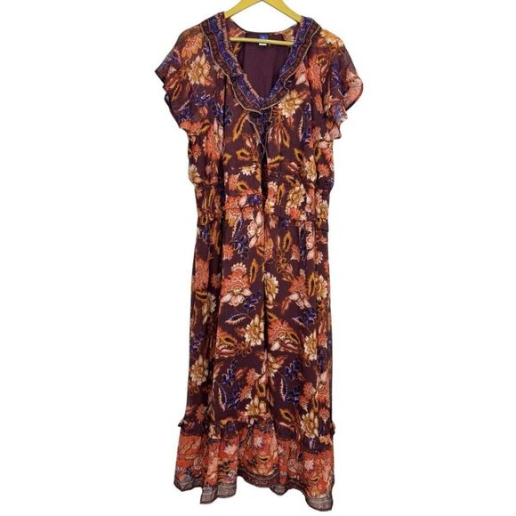 Old Navy Short Sleeve Floral Tiered Midi Dress 3X Red Blue Empire Waist Chiffon - Picture 2 of 11